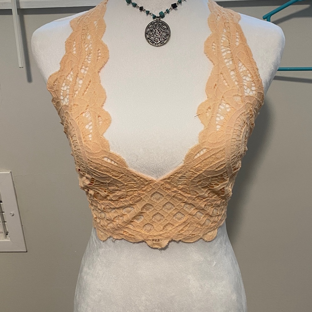 free People One Delicate Lace Halter Bralette in Soft Peach